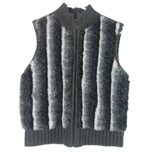 Faux Fur Vest Womens S Gray Moto Biker Full Zip Ribbed Back Glam Winter Wool